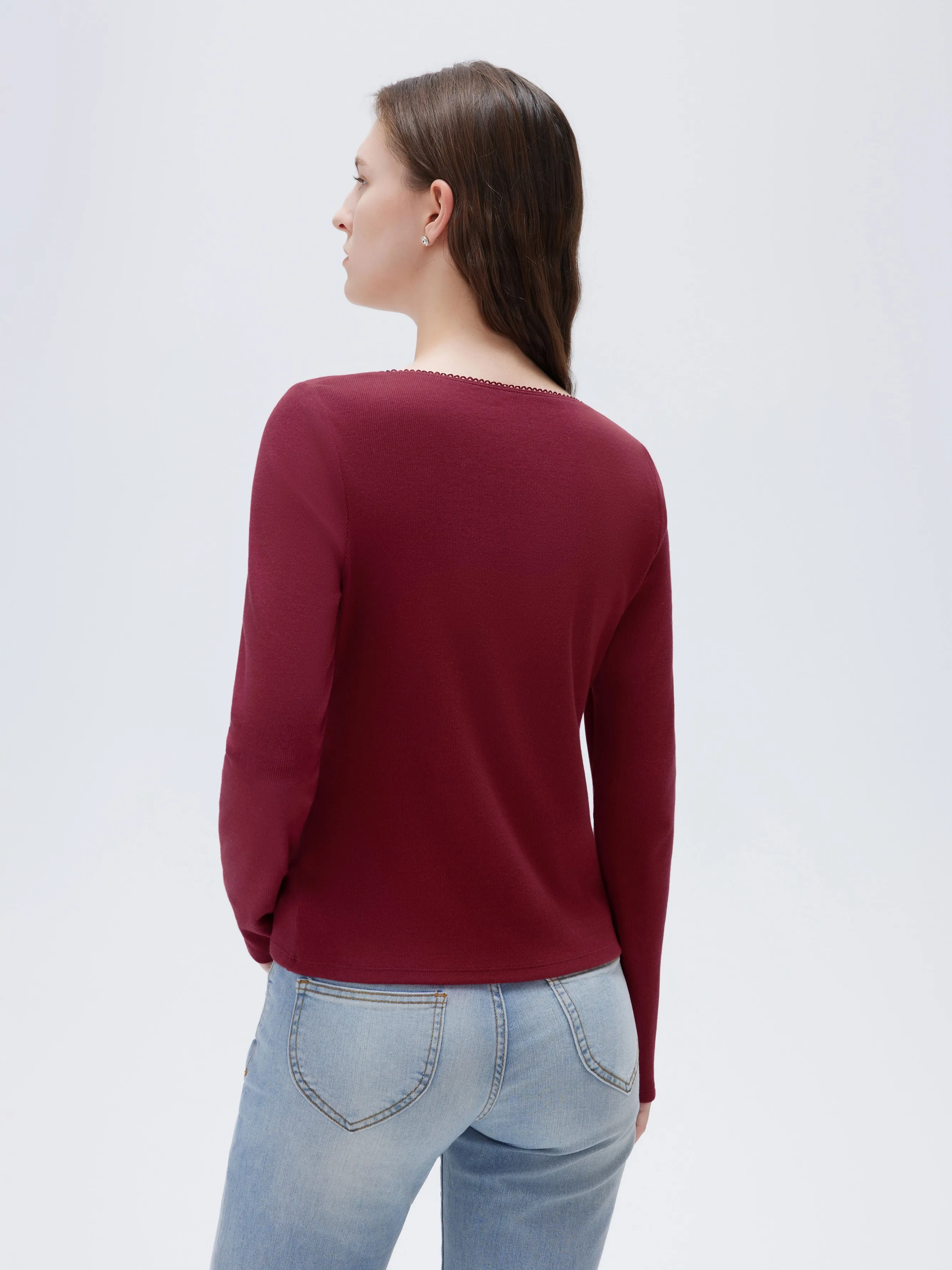 Cotton Ribbed Lace Crew Neck Shirt - Long Sleeve - Image 26