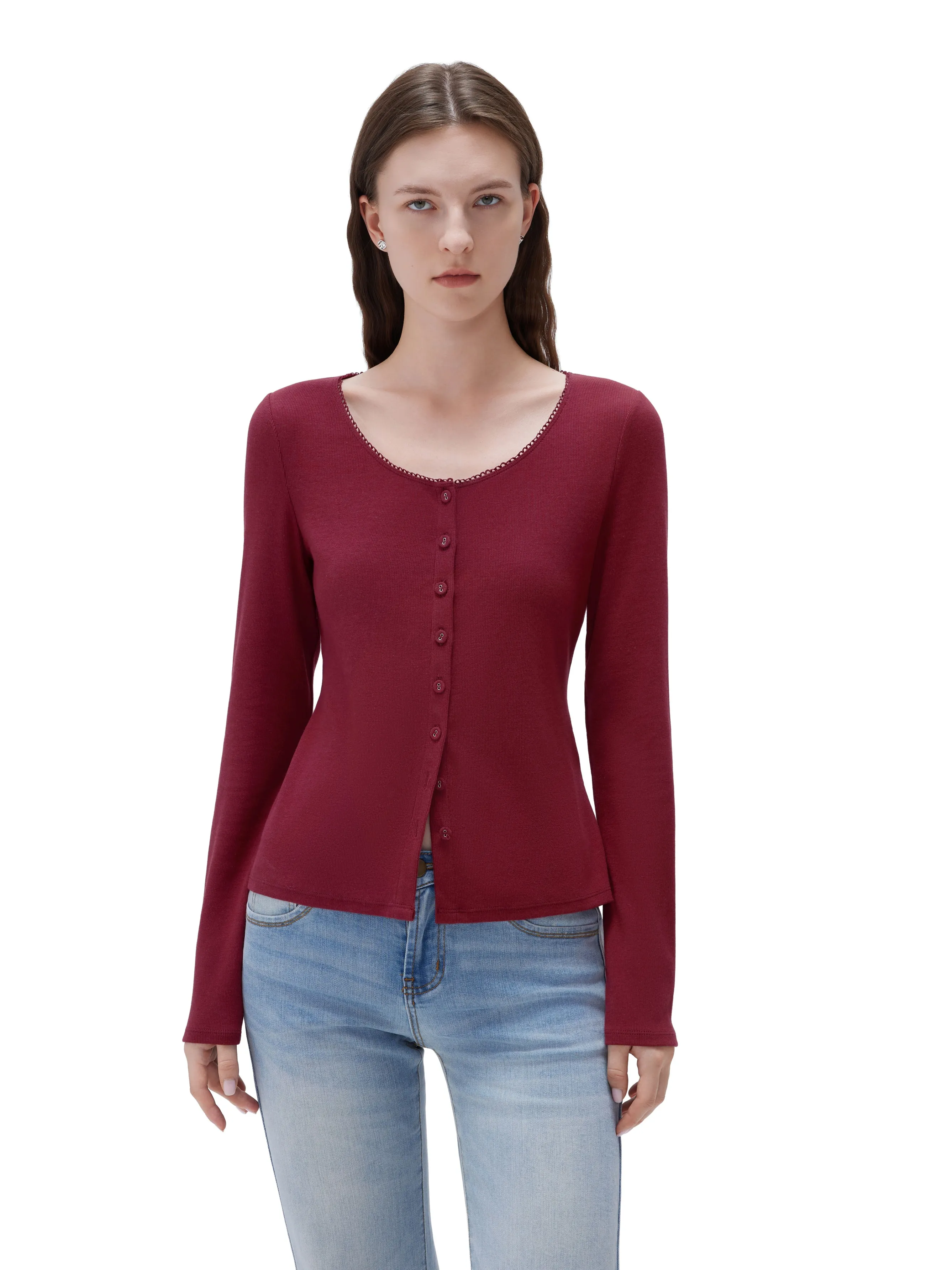 Cotton Ribbed Lace Crew Neck Shirt - Long Sleeve - Image 27