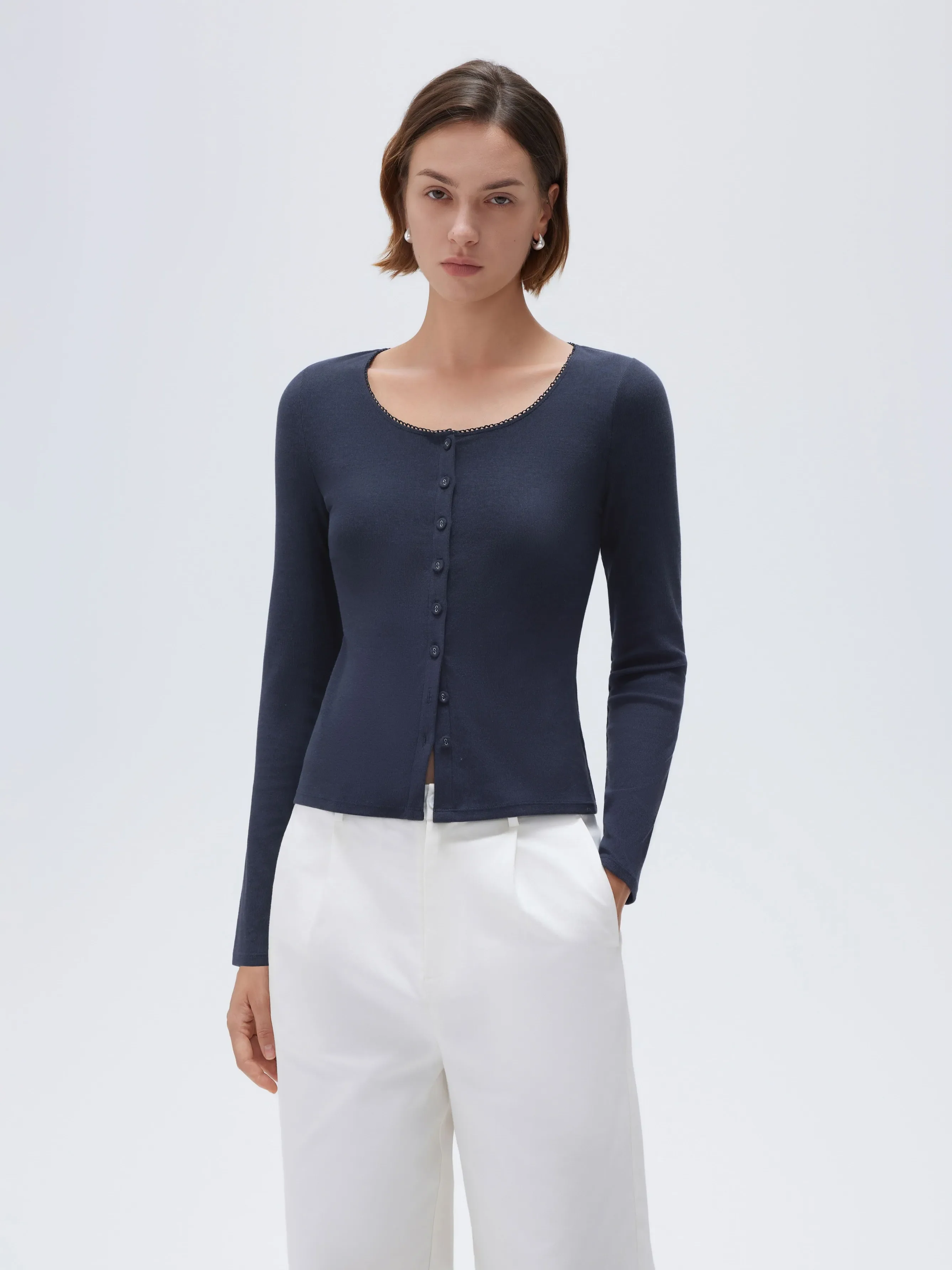Cotton Ribbed Lace Crew Neck Shirt - Long Sleeve - Image 28