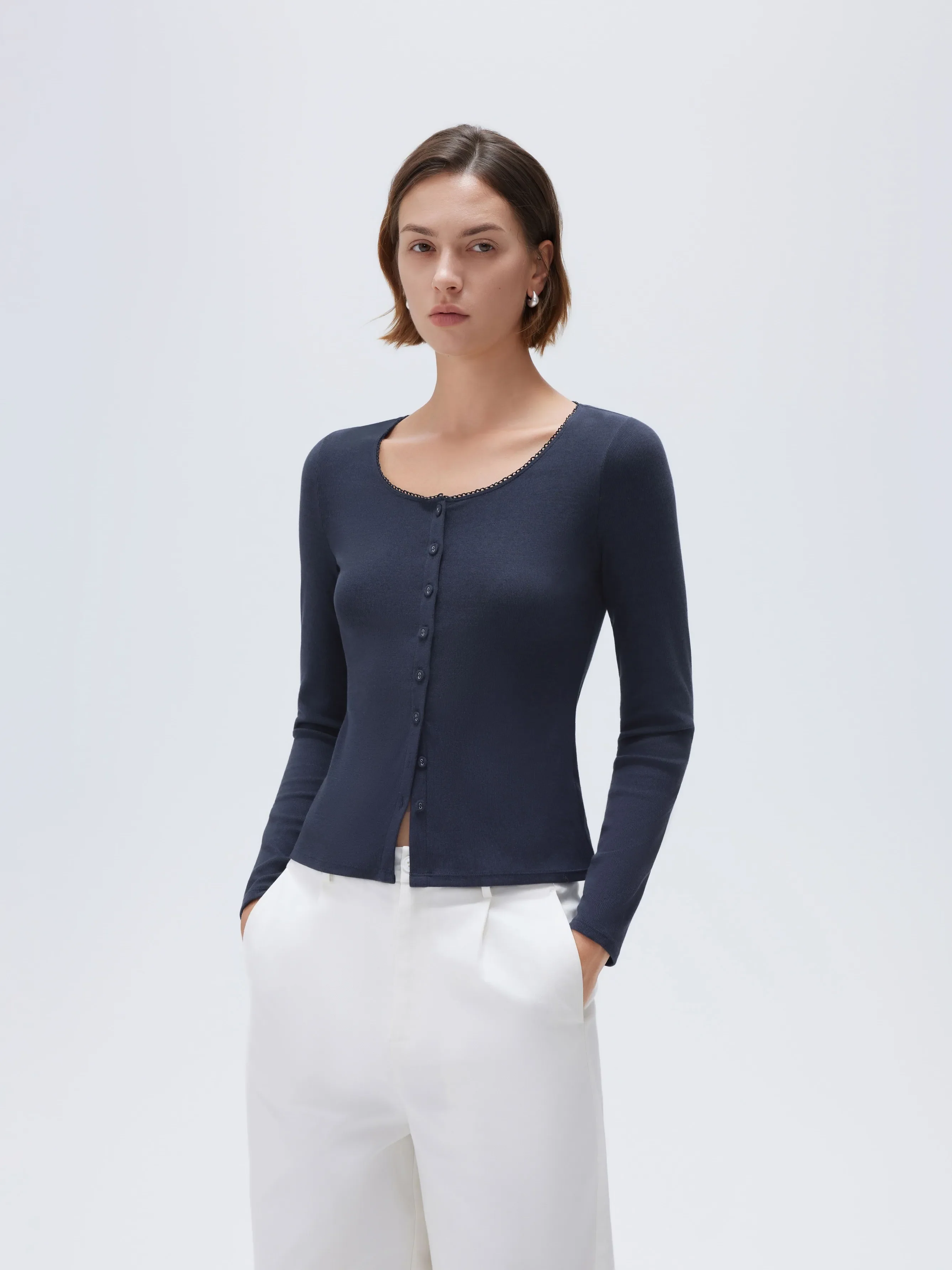 Cotton Ribbed Lace Crew Neck Shirt - Long Sleeve - Image 29