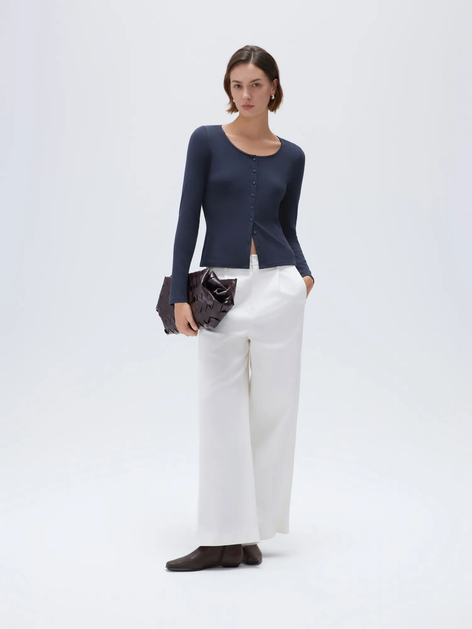 Cotton Ribbed Lace Crew Neck Shirt - Long Sleeve - Image 31