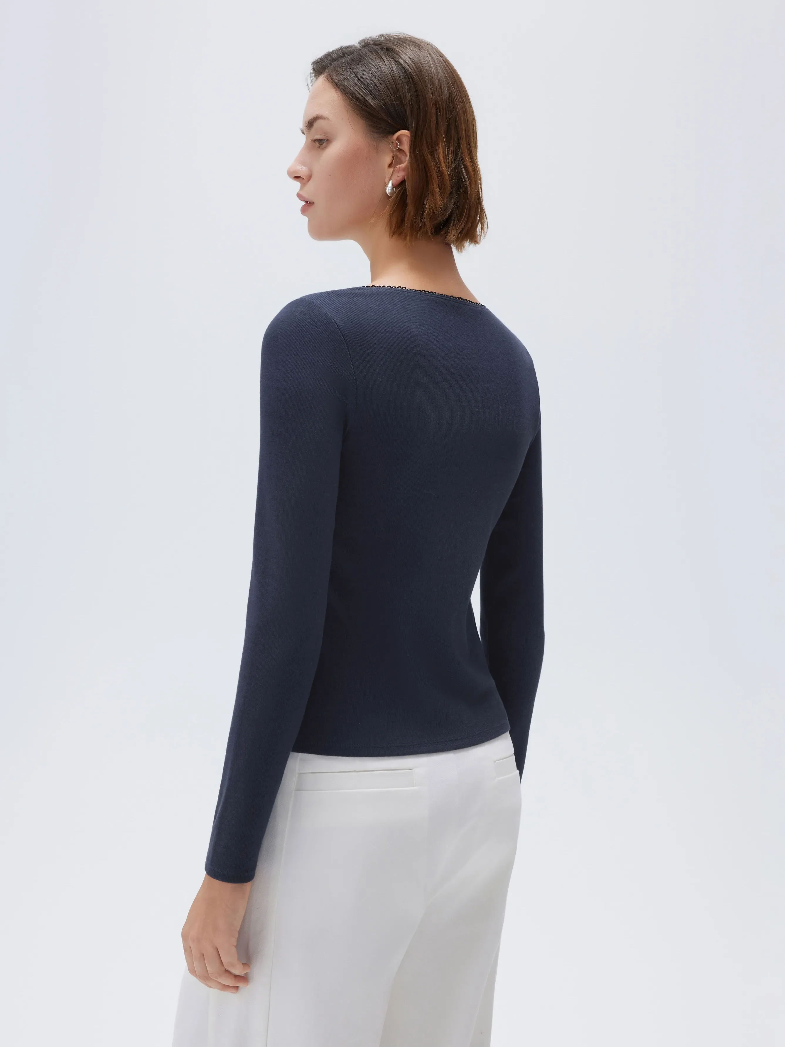 Cotton Ribbed Lace Crew Neck Shirt - Long Sleeve - Image 32