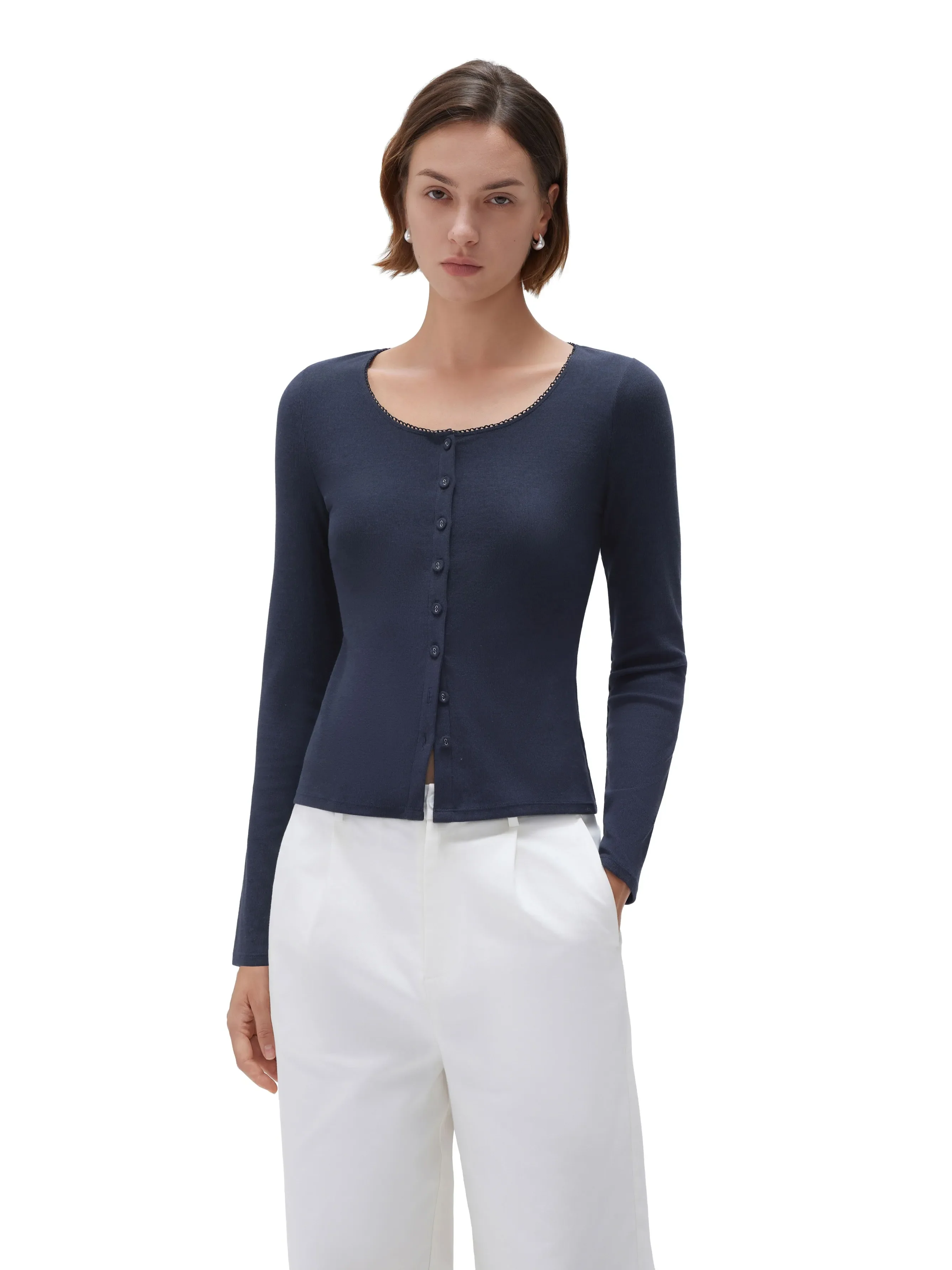 Cotton Ribbed Lace Crew Neck Shirt - Long Sleeve - Image 33