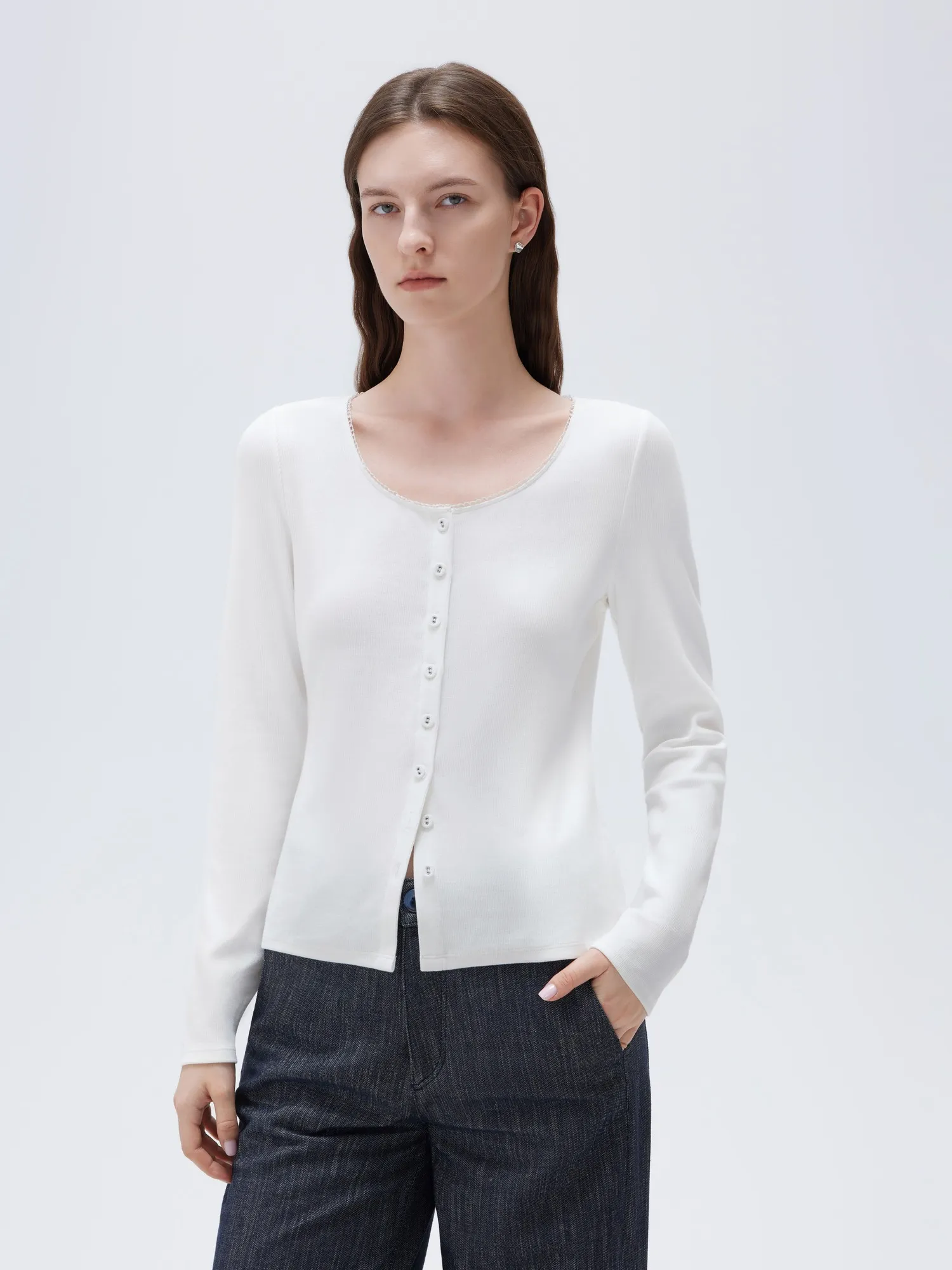 Cotton Ribbed Lace Crew Neck Shirt - Long Sleeve - Image 34