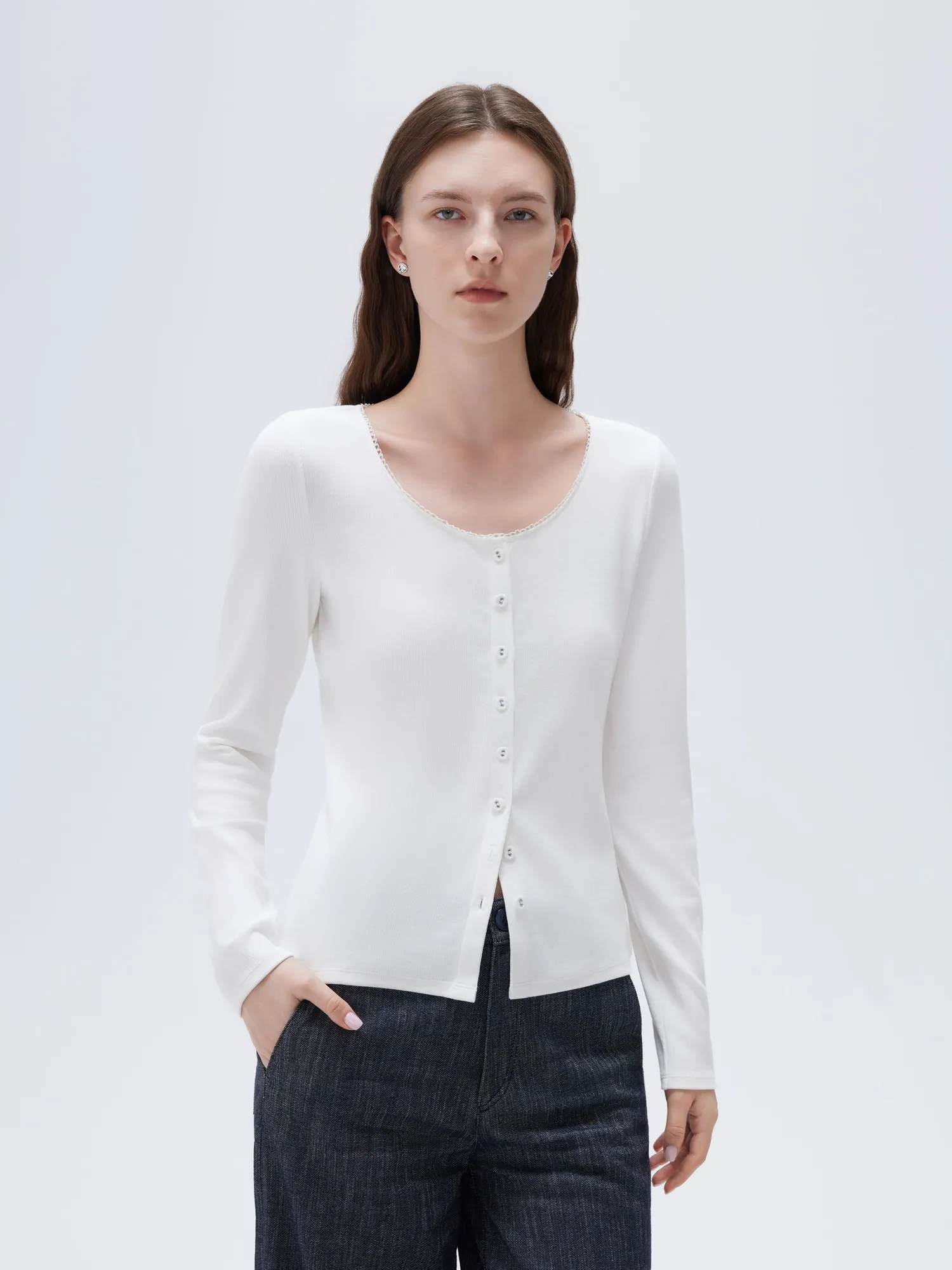 Cotton Ribbed Lace Crew Neck Shirt - Long Sleeve - Image 35