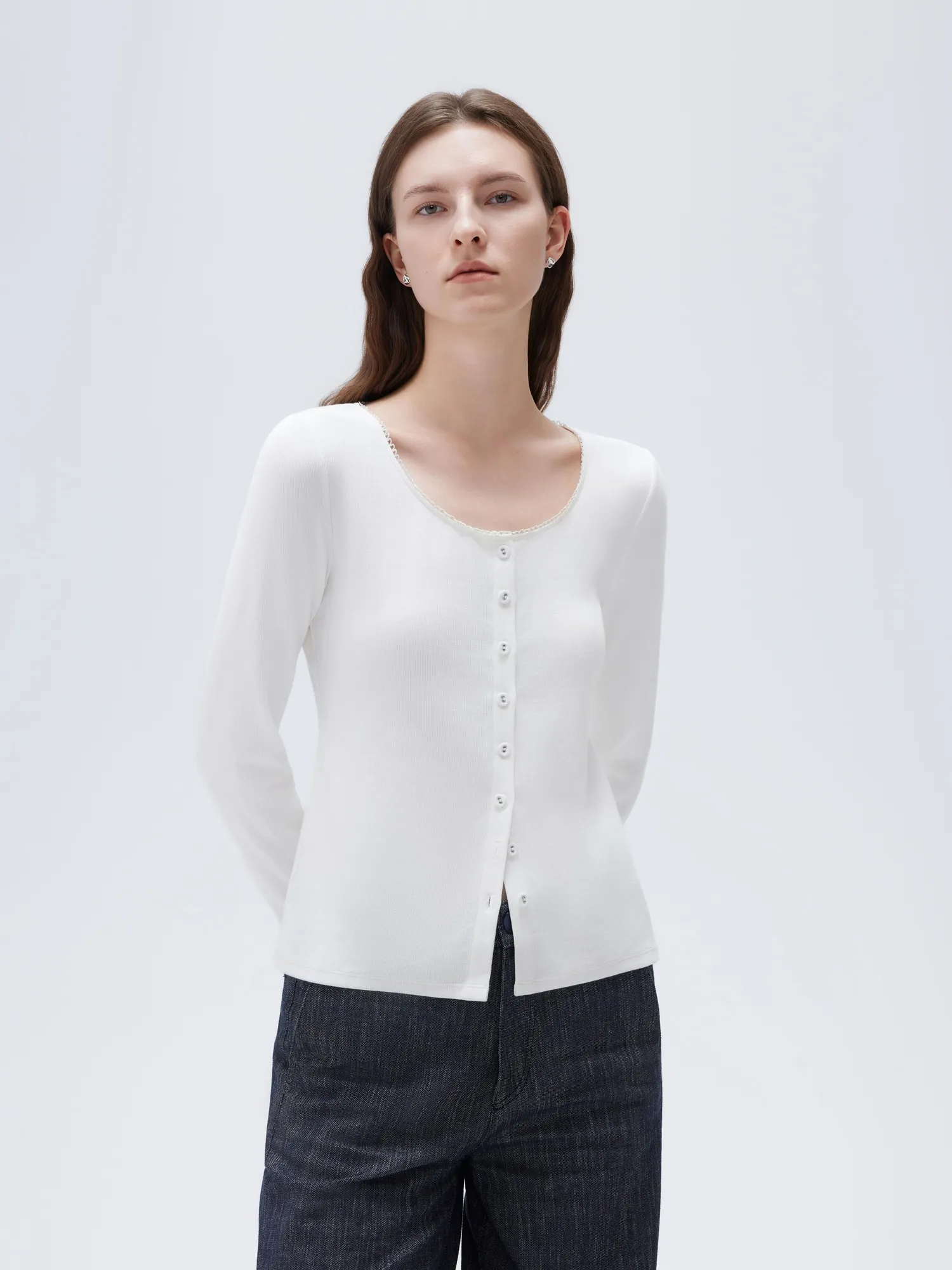 Cotton Ribbed Lace Crew Neck Shirt - Long Sleeve - Image 36
