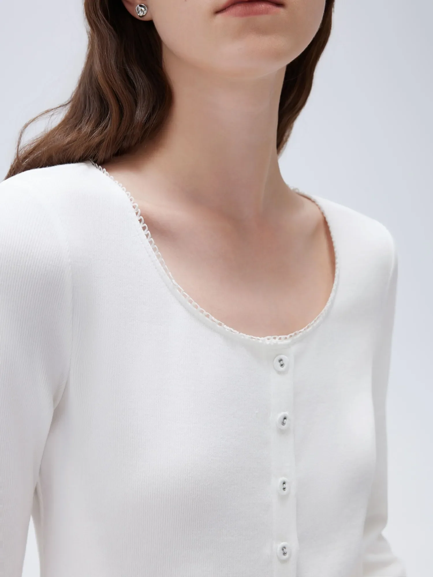 Cotton Ribbed Lace Crew Neck Shirt - Long Sleeve - Image 37