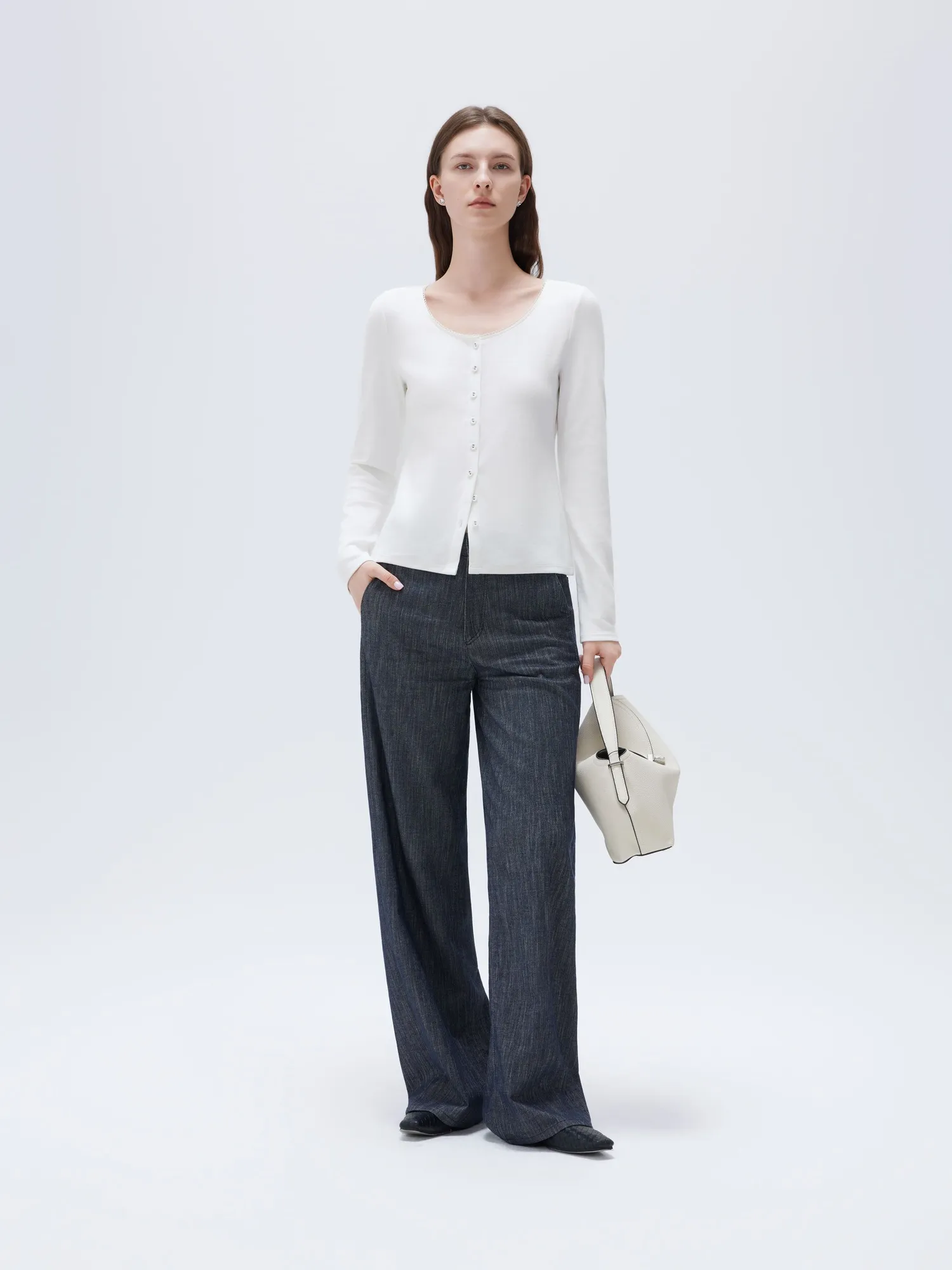 Cotton Ribbed Lace Crew Neck Shirt - Long Sleeve - Image 38