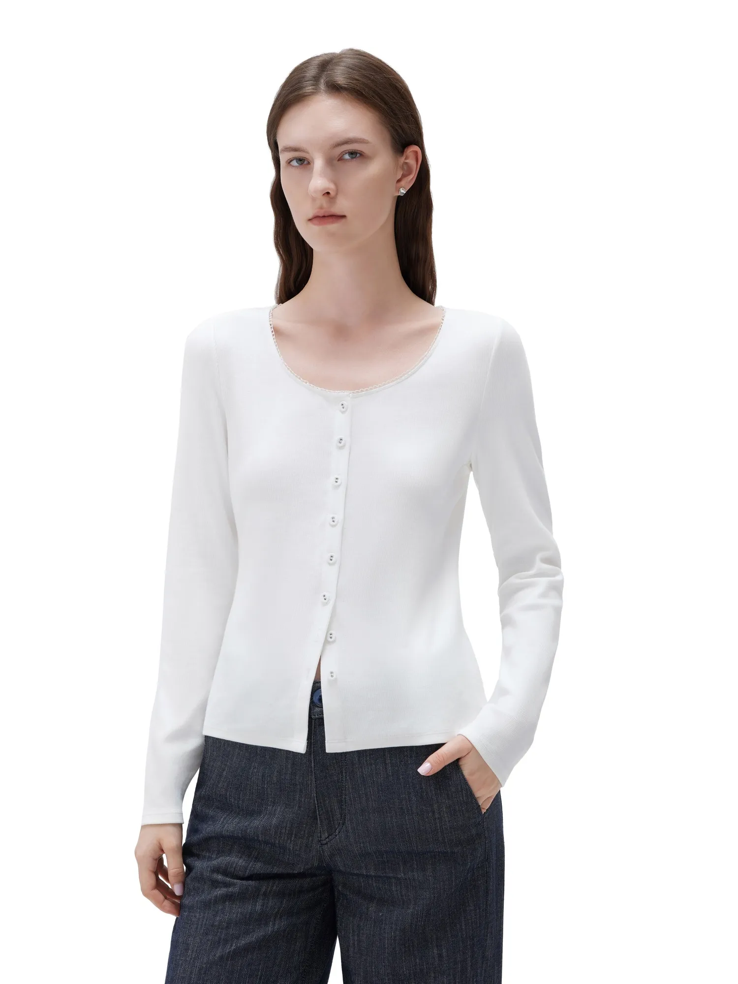 Cotton Ribbed Lace Crew Neck Shirt - Long Sleeve - Image 39