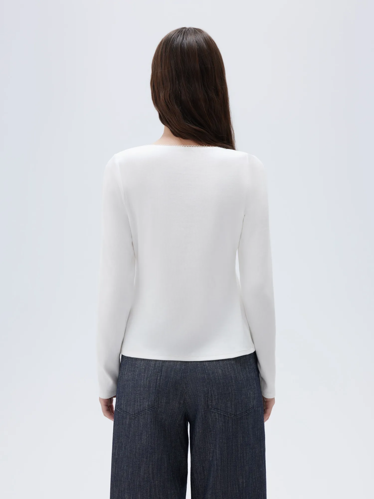Cotton Ribbed Lace Crew Neck Shirt - Long Sleeve - Image 40