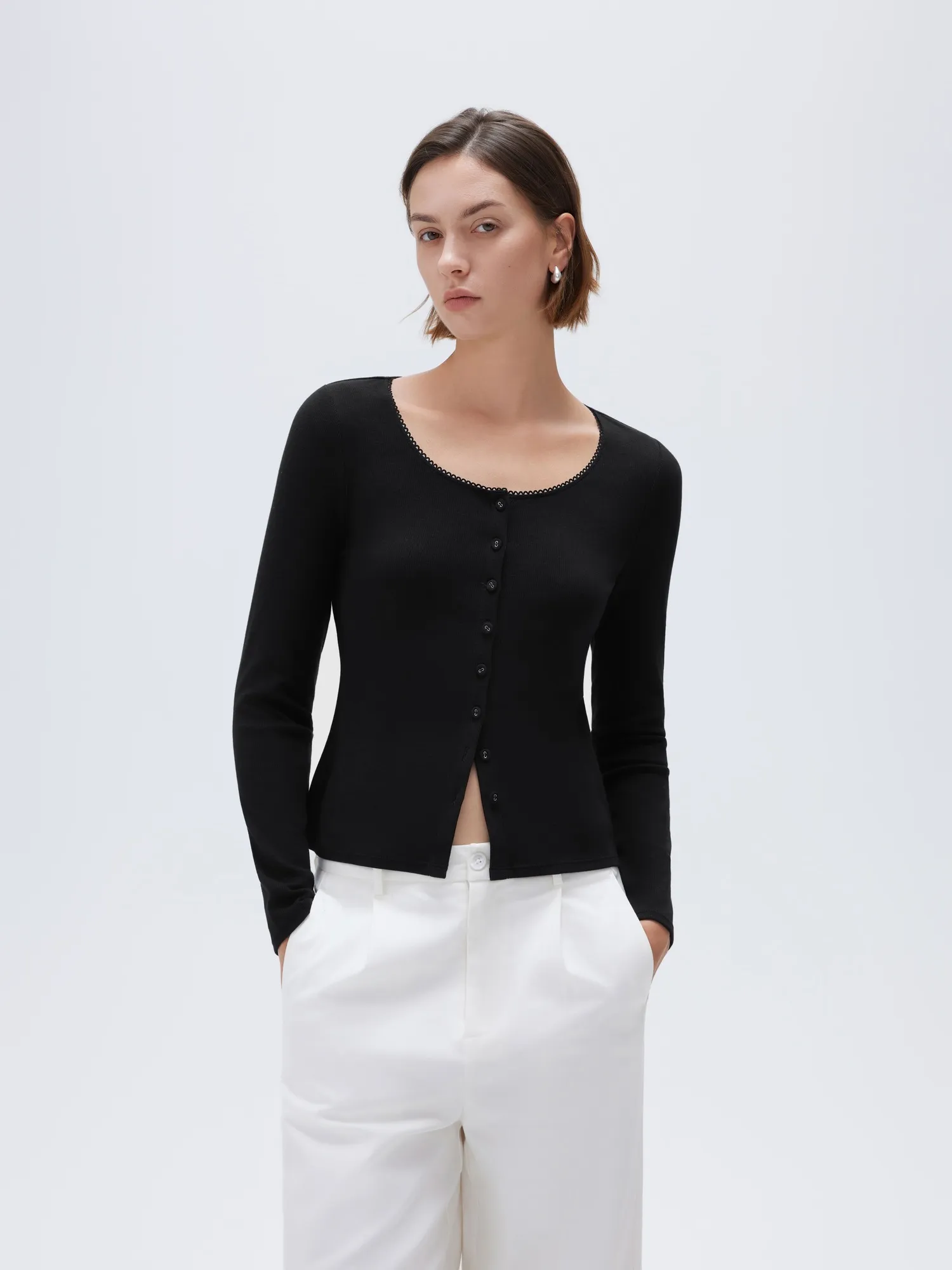 Cotton Ribbed Lace Crew Neck Shirt - Long Sleeve - Image 5