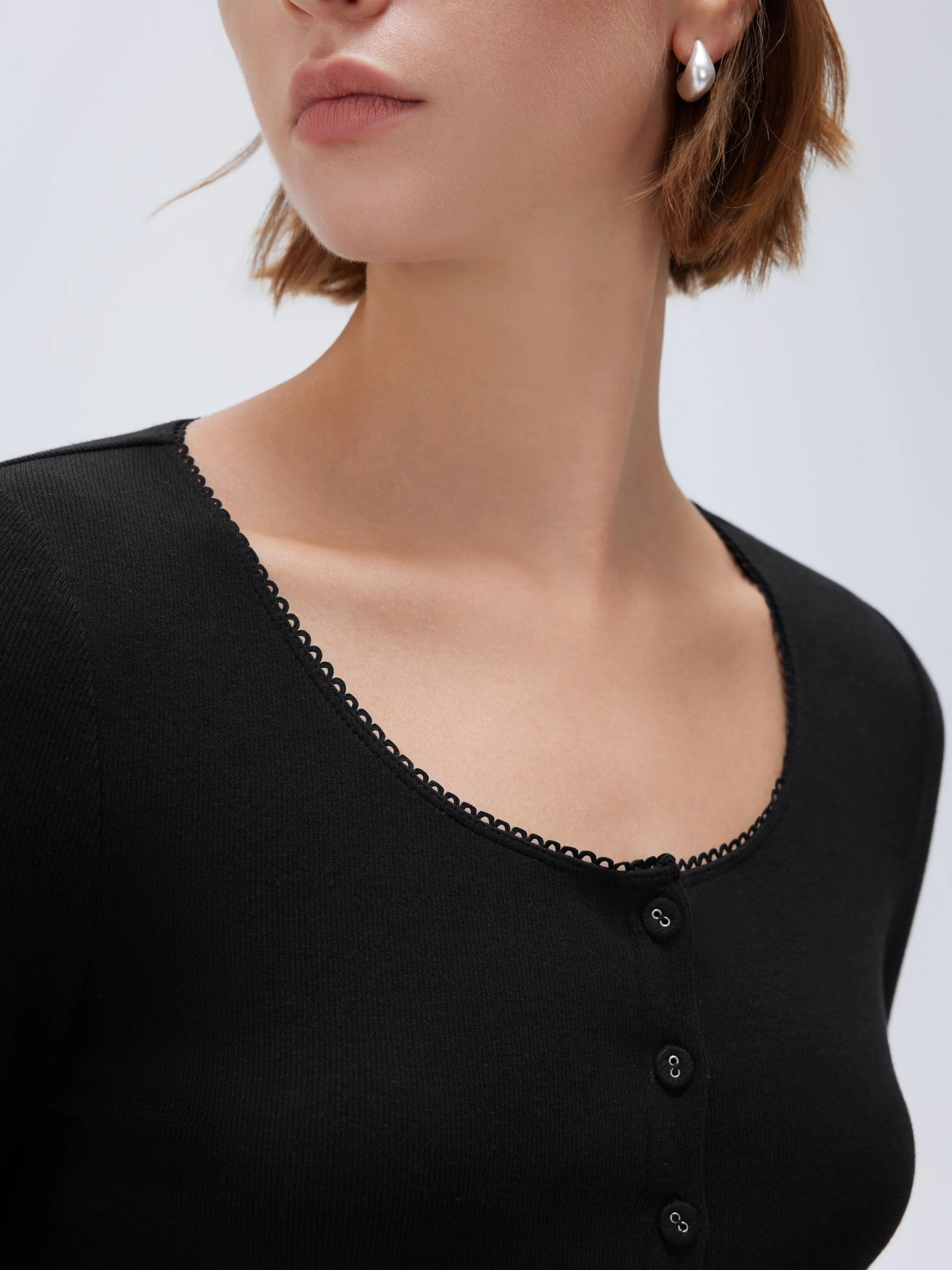 Cotton Ribbed Lace Crew Neck Shirt - Long Sleeve - Image 6