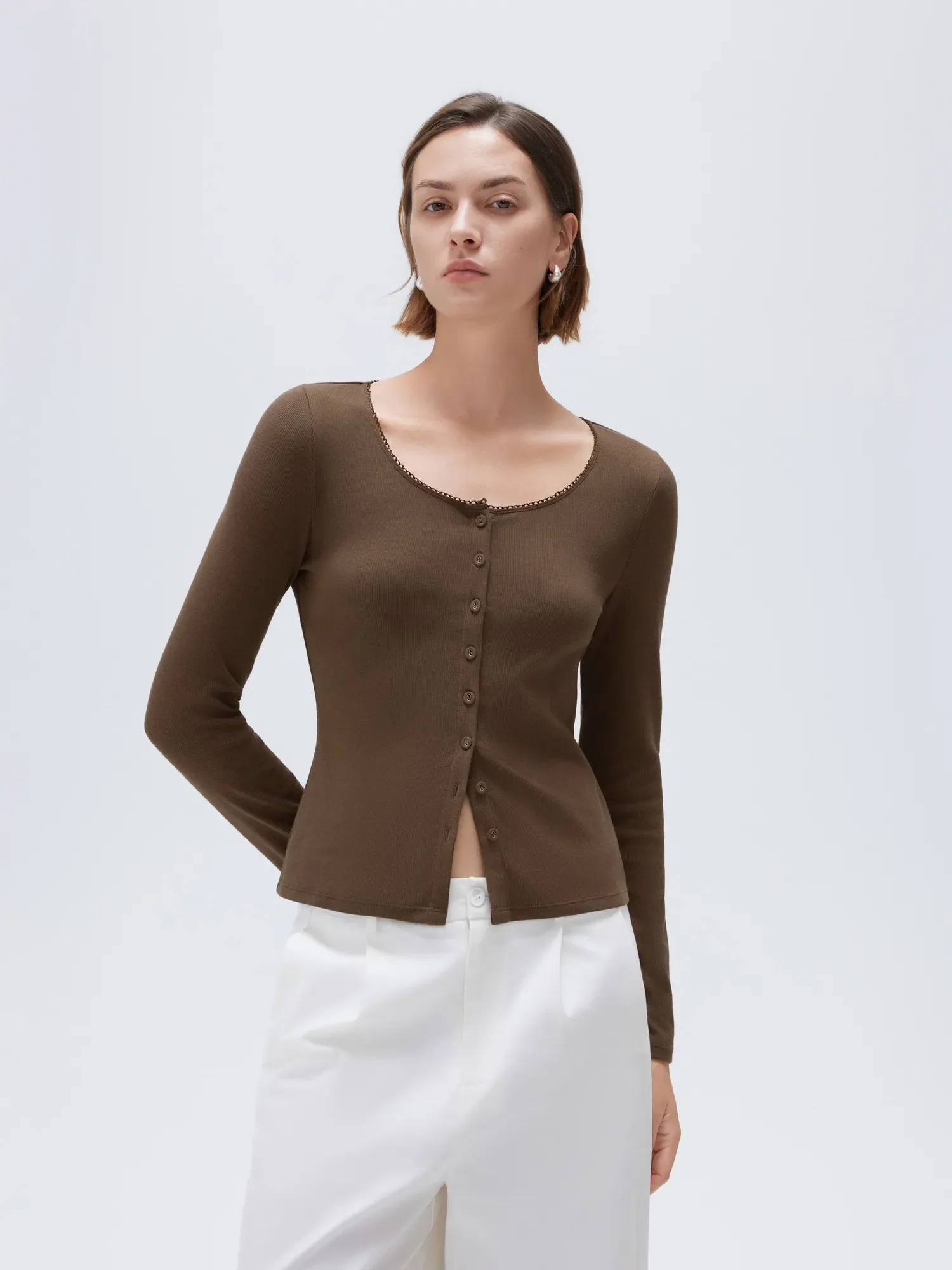 Cotton Ribbed Lace Crew Neck Shirt - Long Sleeve - Image 7