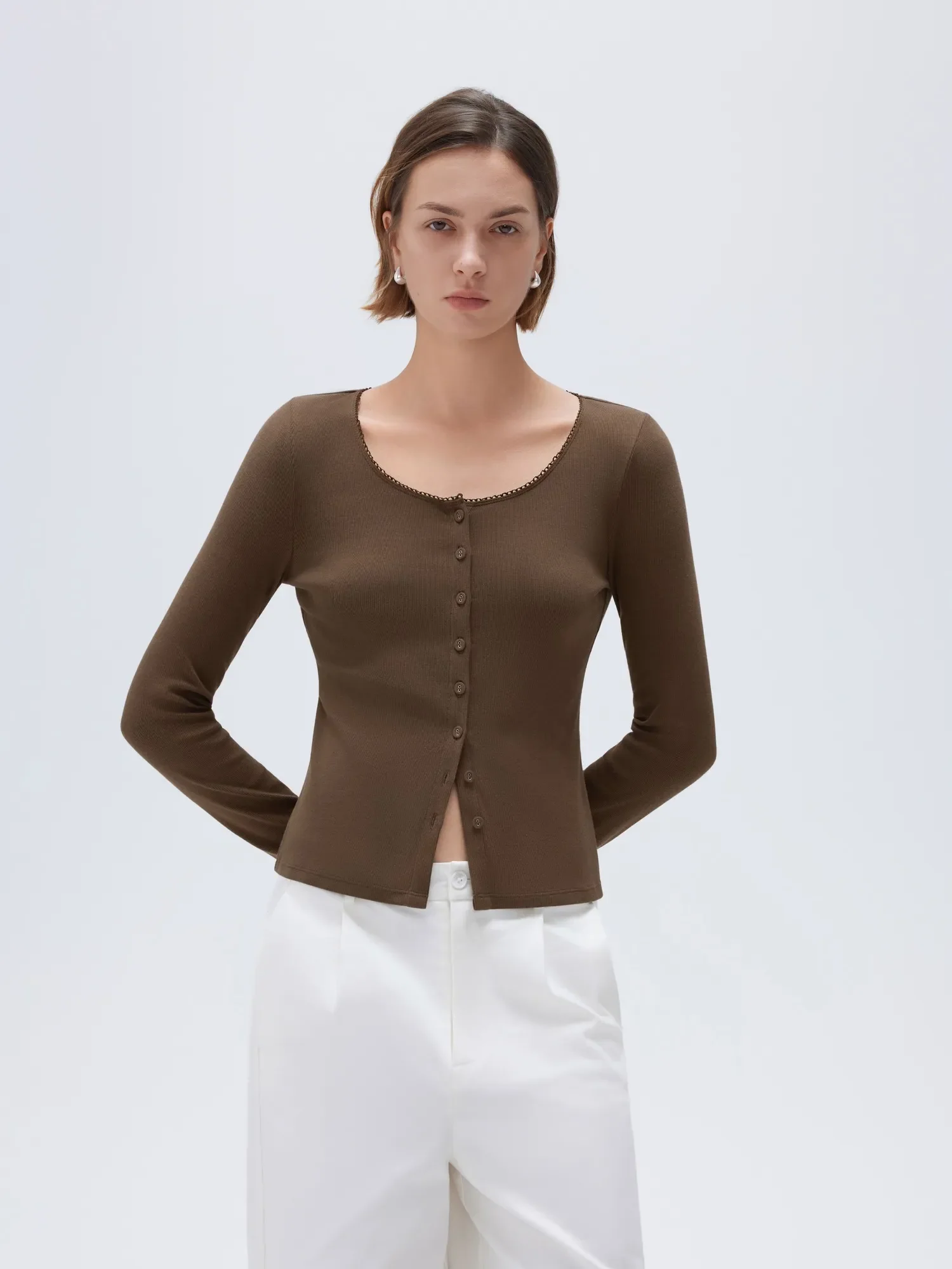Cotton Ribbed Lace Crew Neck Shirt - Long Sleeve - Image 8