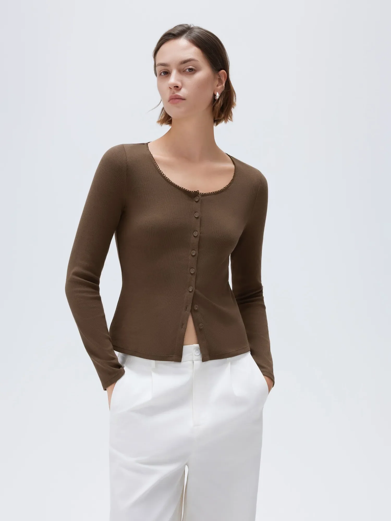 Cotton Ribbed Lace Crew Neck Shirt - Long Sleeve - Image 9
